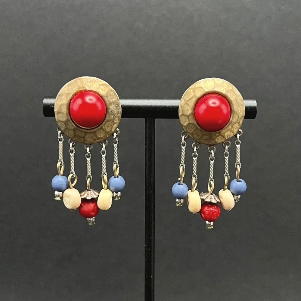 Vintage Boho Earrings Earrings Hammered Brass Red Blue White Beaded